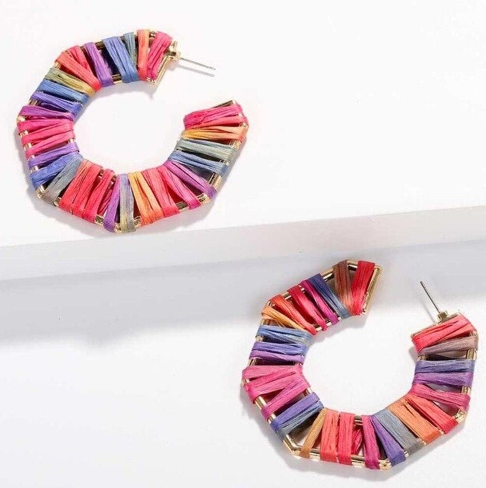 Rainbow Raffia Handmade Hoop Earrings
